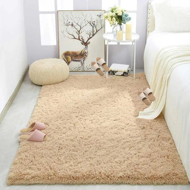 "Elegant round ultra-soft fluffy rug, non-slip, plush texture, perfect for home decor, enhances cozy room atmosphere."