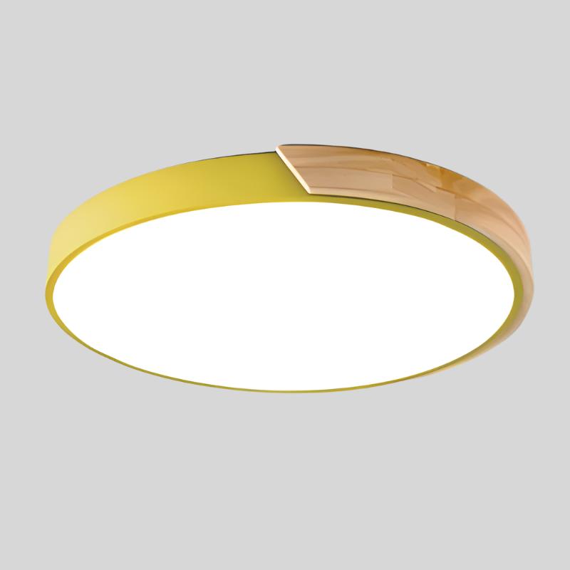 "Elegant Scandinavian Circular LED Ceiling Light Fixture with minimalist design, warm glow, and wood finish option."
