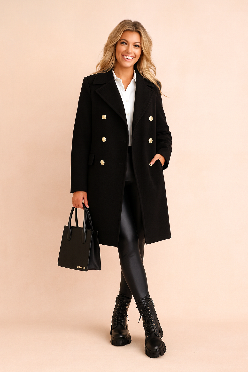 Elegant Selena tailored double-breasted longline women's winter coat, perfect for a sophisticated look.
