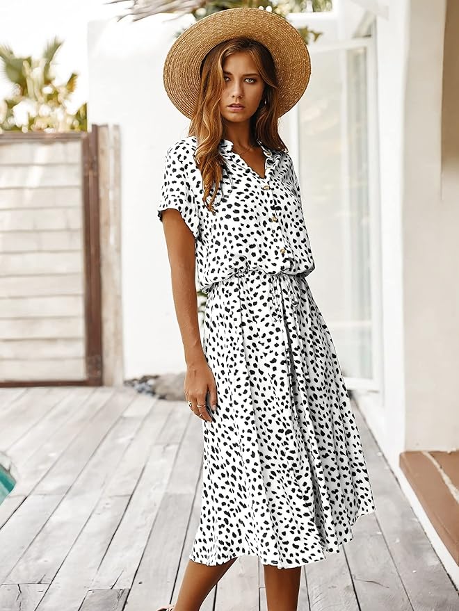 Elegant short-sleeve women's midi dress, perfect for versatile all-season wear: spring, summer, fall, winter.
