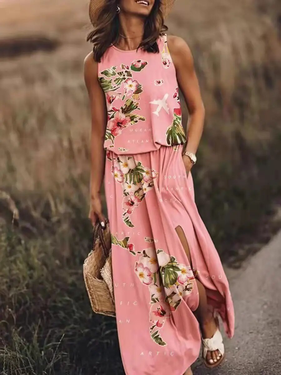 Flowing light green ombre stripe sleeveless maxi dress, comfortable and stylish for women.
