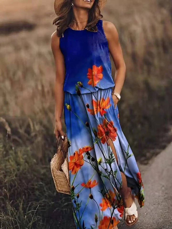Comfortable women's sleeveless maxi dress, light green, ideal for casual spring & summer style.