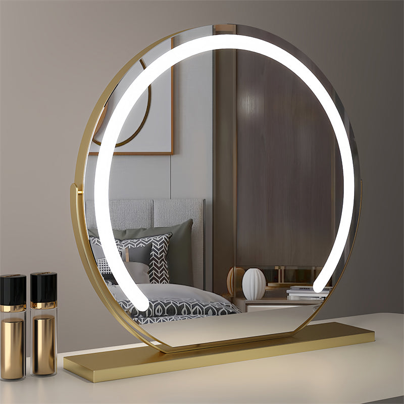 "Elegant smart LED vanity mirror with touch control, adjustable lighting, and 360° rotation for perfect makeup application."