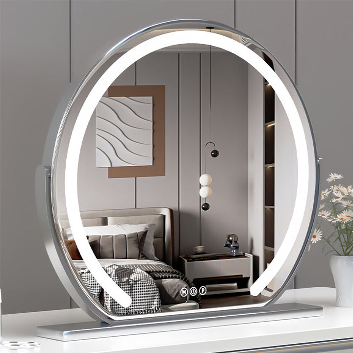 "Elegant smart LED vanity mirror with touch control, adjustable lighting, and 360° rotation for perfect makeup application."