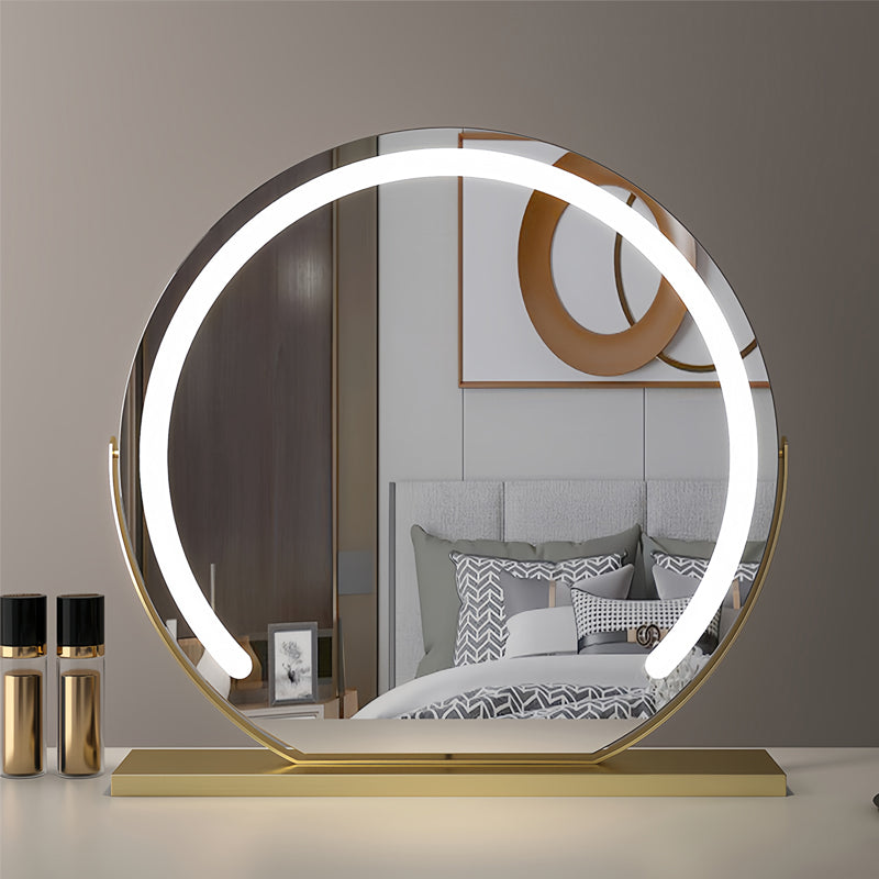 "Elegant smart LED vanity mirror with touch control, adjustable lighting, and 360° rotation for perfect makeup application."