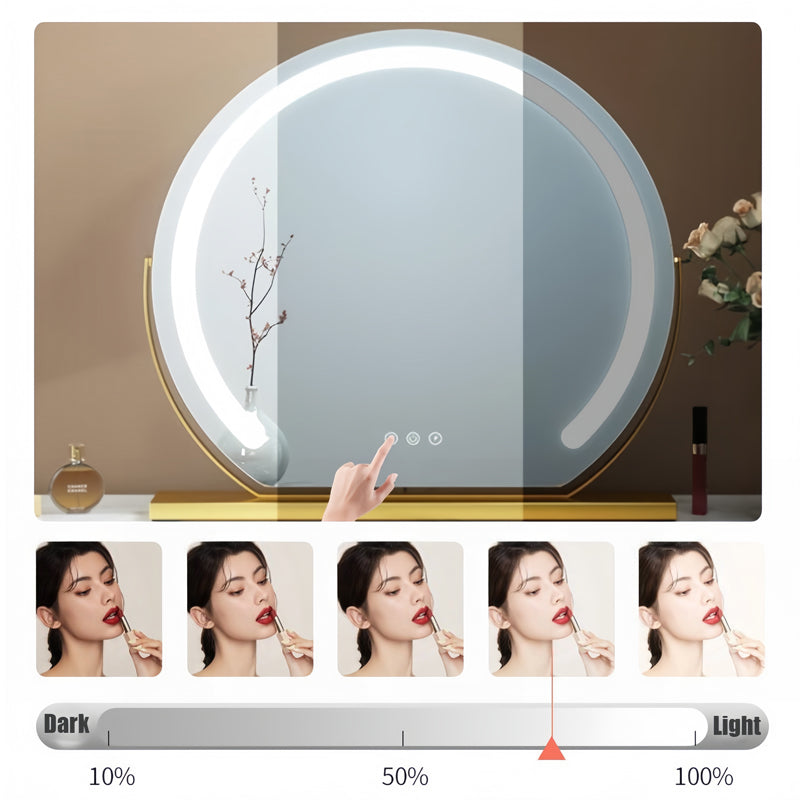 "Elegant smart LED vanity mirror with touch control, adjustable lighting, and 360° rotation for perfect makeup application."