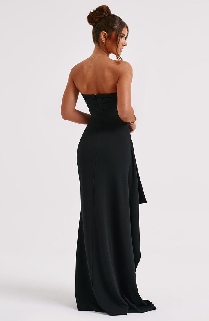 Chic women's strapless black maxi evening gown with a high thigh slit, ideal for parties & special occasions.