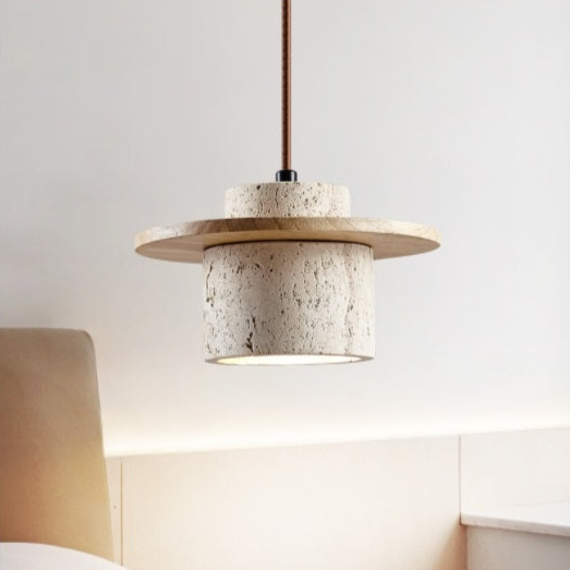 "Elegant travertine pendant light with matte finish; yellow stone, adjustable cord, retro charm, ideal for dining rooms."