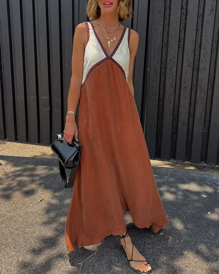 Women's elegant V-neck maxi dress, a comfortable, versatile color block long dress for any occasion.