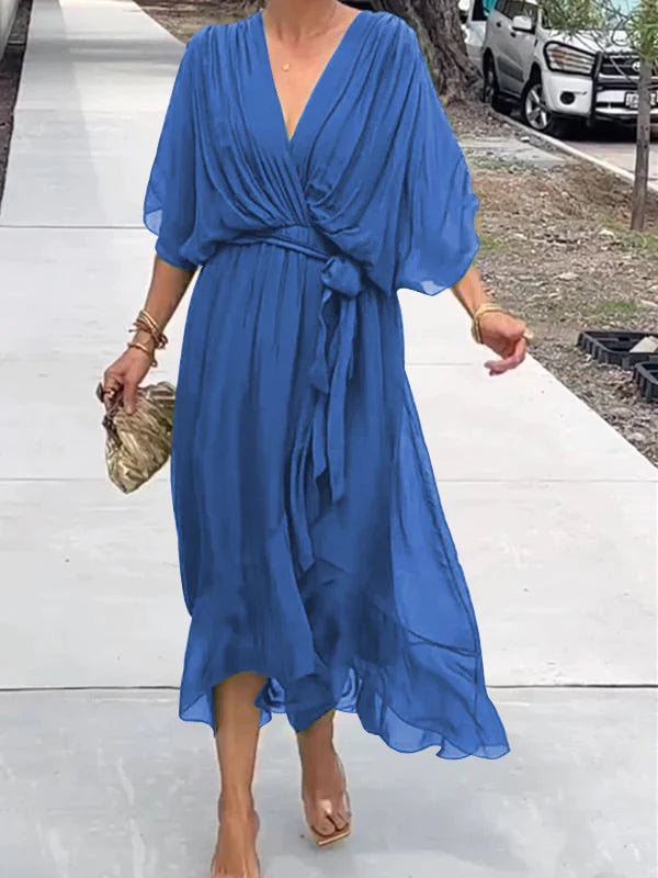 Plus size elegant V-neck short sleeve maxi evening gown, flattering formal wear.