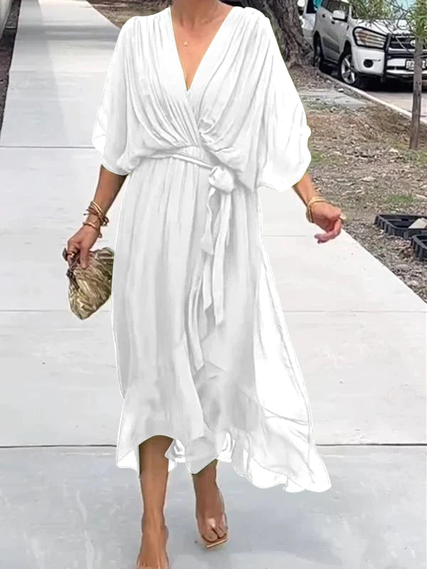 Sophisticated V-neck short sleeve evening gown for formal occasions & celebrations.