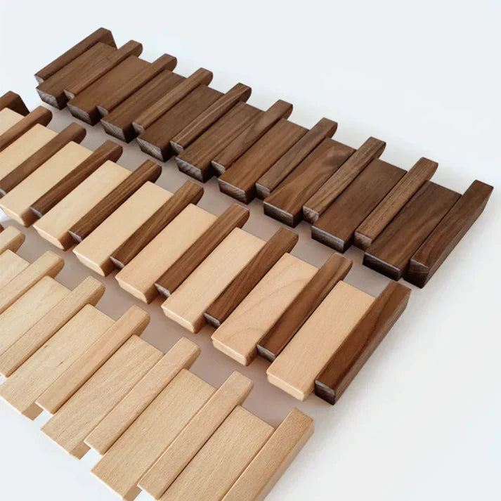 Modern wooden piano coat rack, wall-mounted decorative hanger for hallway storage, home organization, and decor.