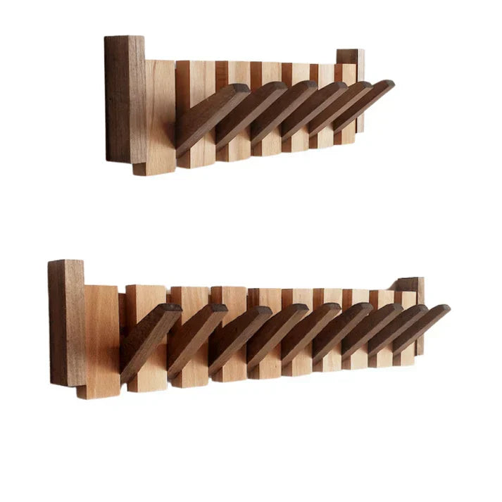 Wood wall-mounted piano coat rack, decorative entryway organizer. Modern storage solution with multiple coat hooks.