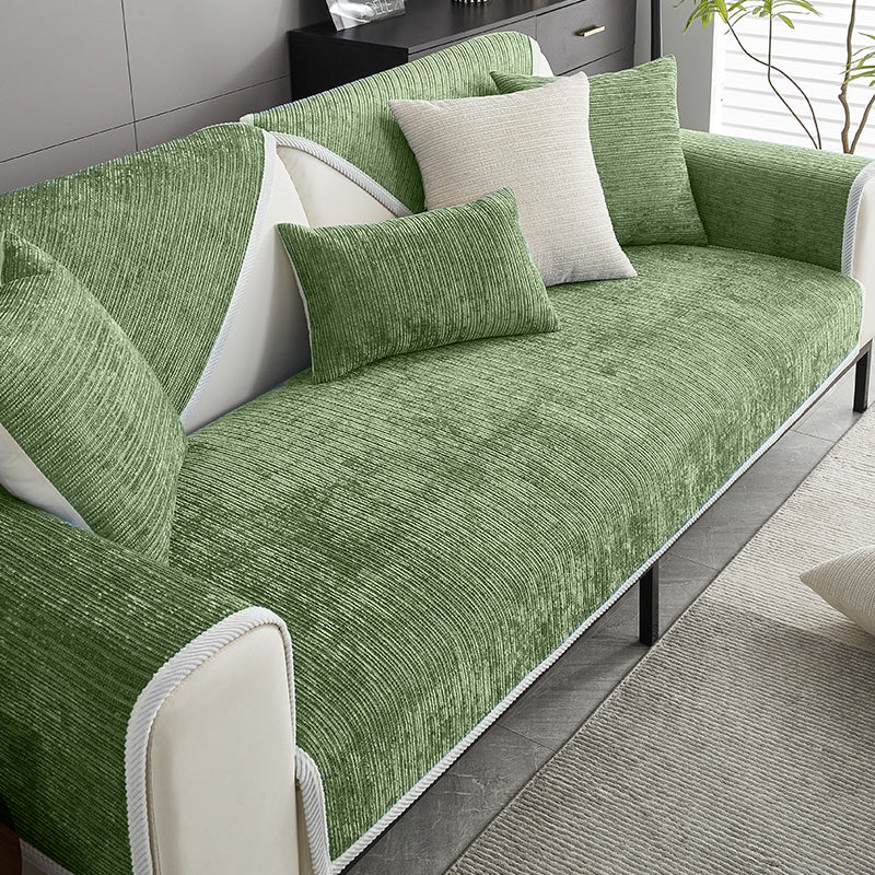 Elegant waterproof chenille sofa cover in soft hues, offering antimicrobial protection and sleek design for home decor.