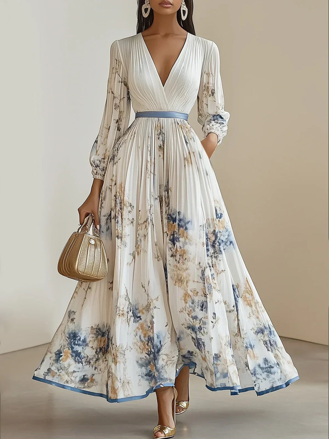 Elegant white V-neck maxi dress for women, featuring chic puff sleeves and a flowy silhouette. Perfect for special occasions.