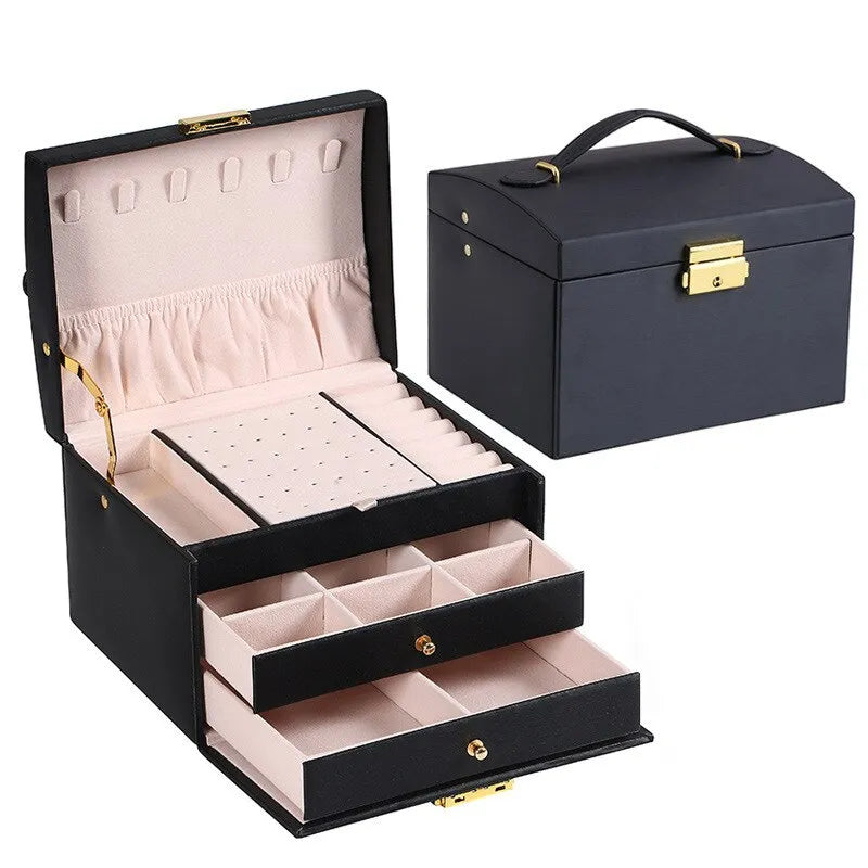 Organized 3-layer jewelry storage box for women. Keeps rings, earrings, necklaces, and bracelets tangle-free.