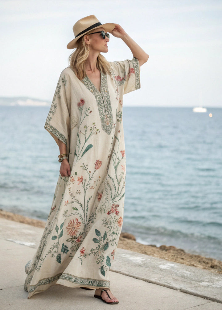 Elegant Women's Bohemian Print Kaftan Maxi Dress. Flowing fabric, vibrant pattern for summer, resort, or casual wear.