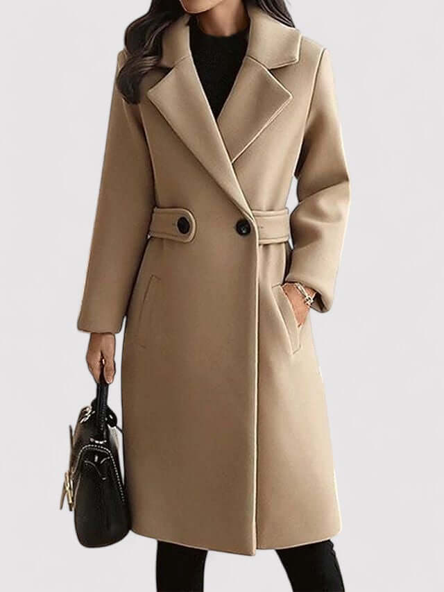 Elegant women's camel wool winter coat with a stylish belt. Classic long outerwear, warm & fashionable.
