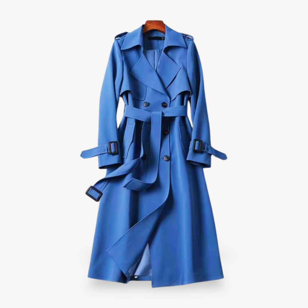 Classic beige women's cotton trench coat with a stylish belt, elegant long outerwear for ladies.