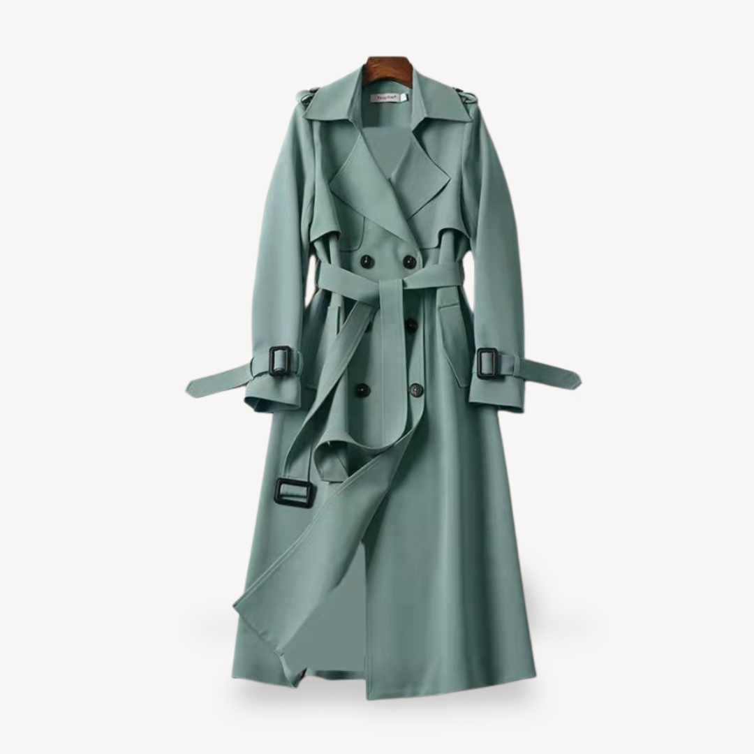 Sophisticated women's cotton trench coat, a modern take on classic outerwear, ideal for elegant fall fashion.