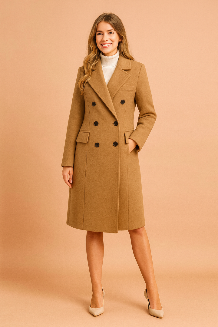 Women's stylish black double-breasted long winter jacket, perfect elegant outerwear for cold weather fashion.