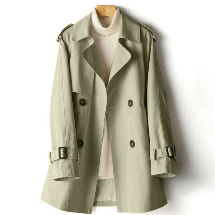 Tailored women's black trench coat, a classic and elegant polyester outerwear perfect for spring or fall fashion.