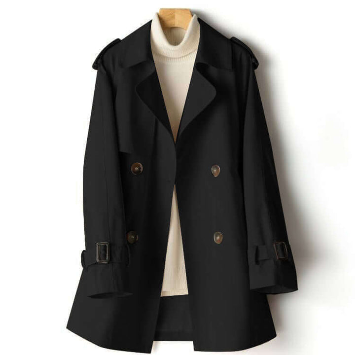 Timeless women's green tailored trench coat, an elegant polyester outerwear jacket for classic fall and spring fashion.