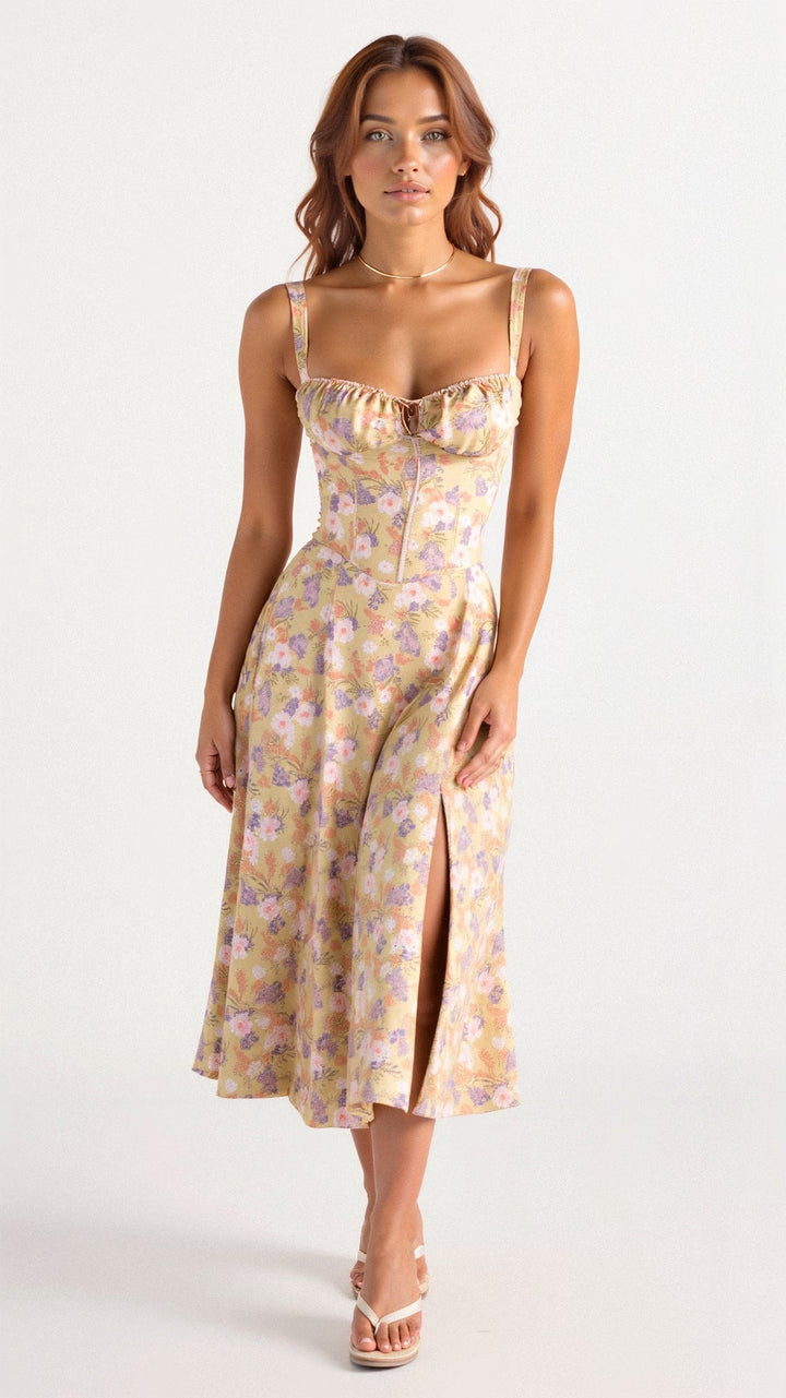 Chic sleeveless cotton blend midi dress with corset detailing, ideal for parties & day wear.