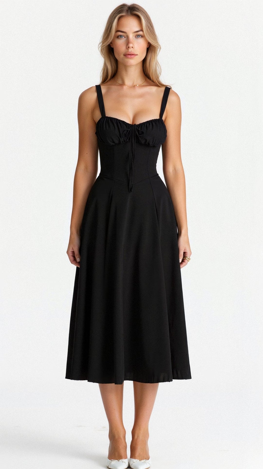 Figure-flattering women's midi dress with a corset top and comfortable cotton blend fabric.