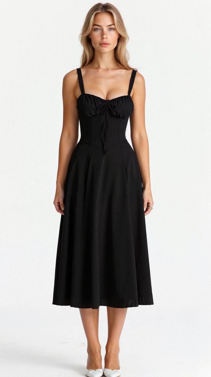 Figure-flattering women's midi dress with a corset top and comfortable cotton blend fabric.
