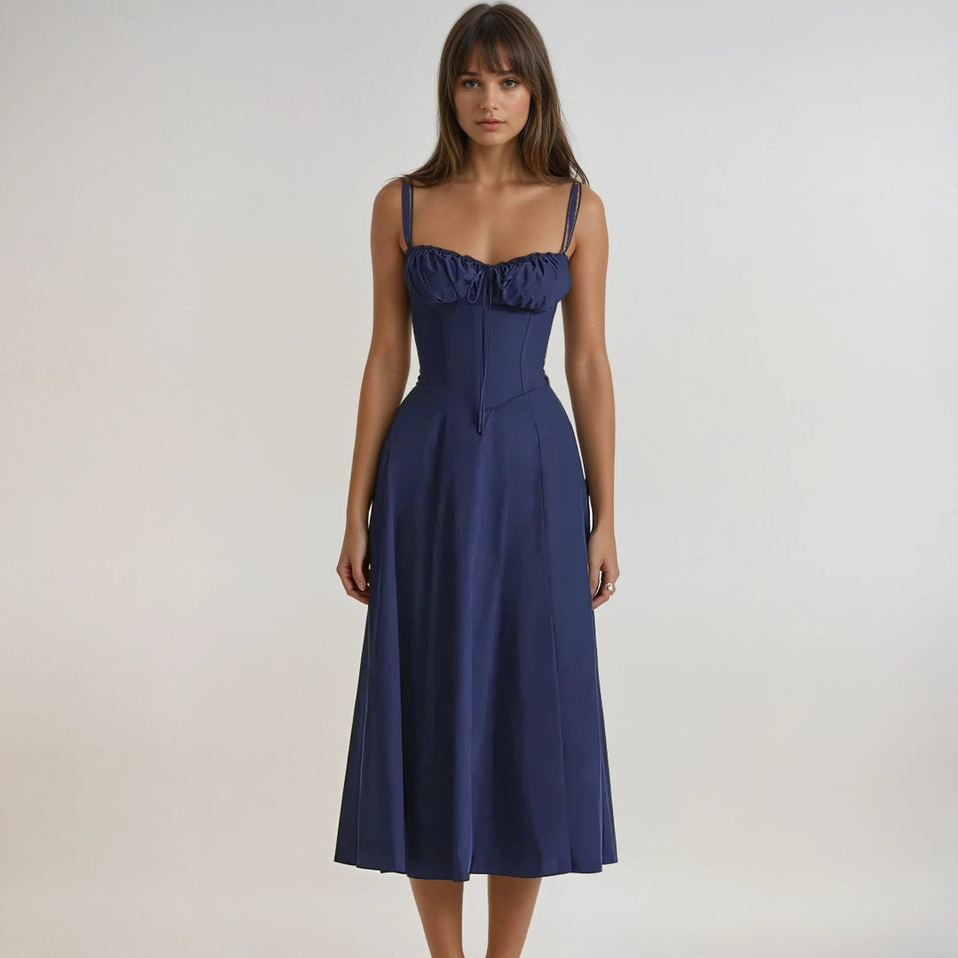 Romantic women's corset midi dress with a structured bodice & beautiful flowing flared skirt for parties.