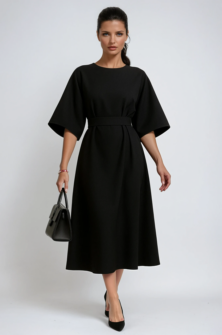 Elegant women's crew neck midi work dress for professional office wear. Sophisticated and modest.