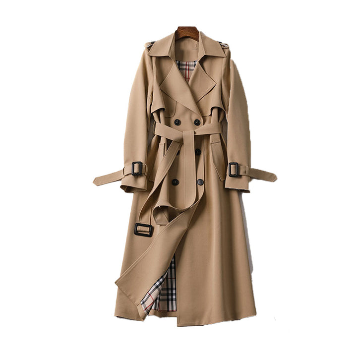 Elegant women's double-breasted trench coat with a stylish belt, perfect for classic fall and winter fashion.