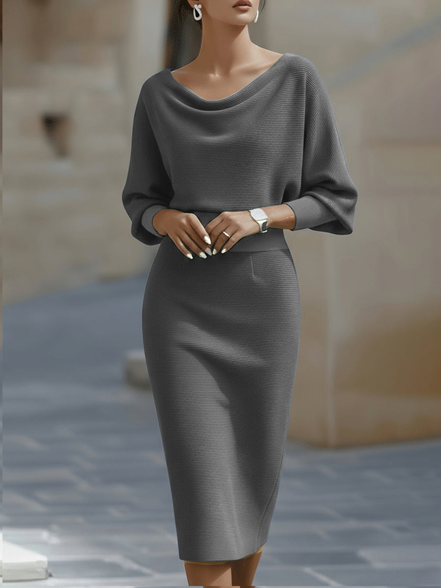 Women's elegant batwing sleeve midi dress, a chic choice for cocktail parties, evening events, or professional workwear.