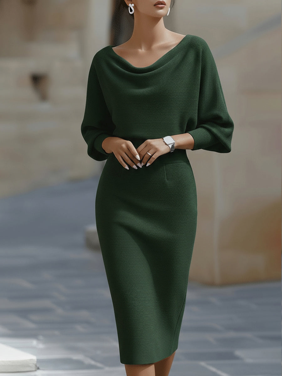 Graceful women's long sleeve midi dress featuring elegant drapes, batwing sleeves, and a flattering silhouette.