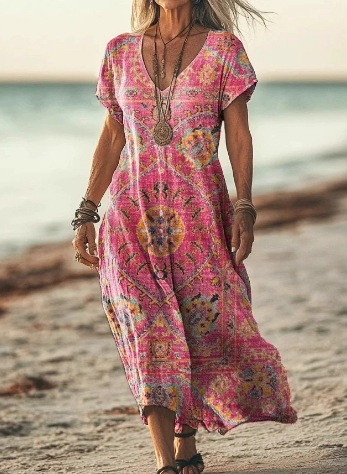 Beautiful women's floral midi dress, a sophisticated option for warm spring & summer days.