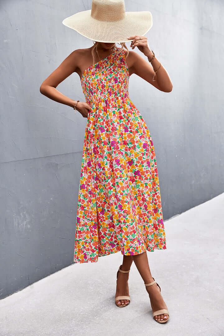 Stylish women's floral off-shoulder dress, elegant yet casual, perfect for summer, spring, party & beach.
