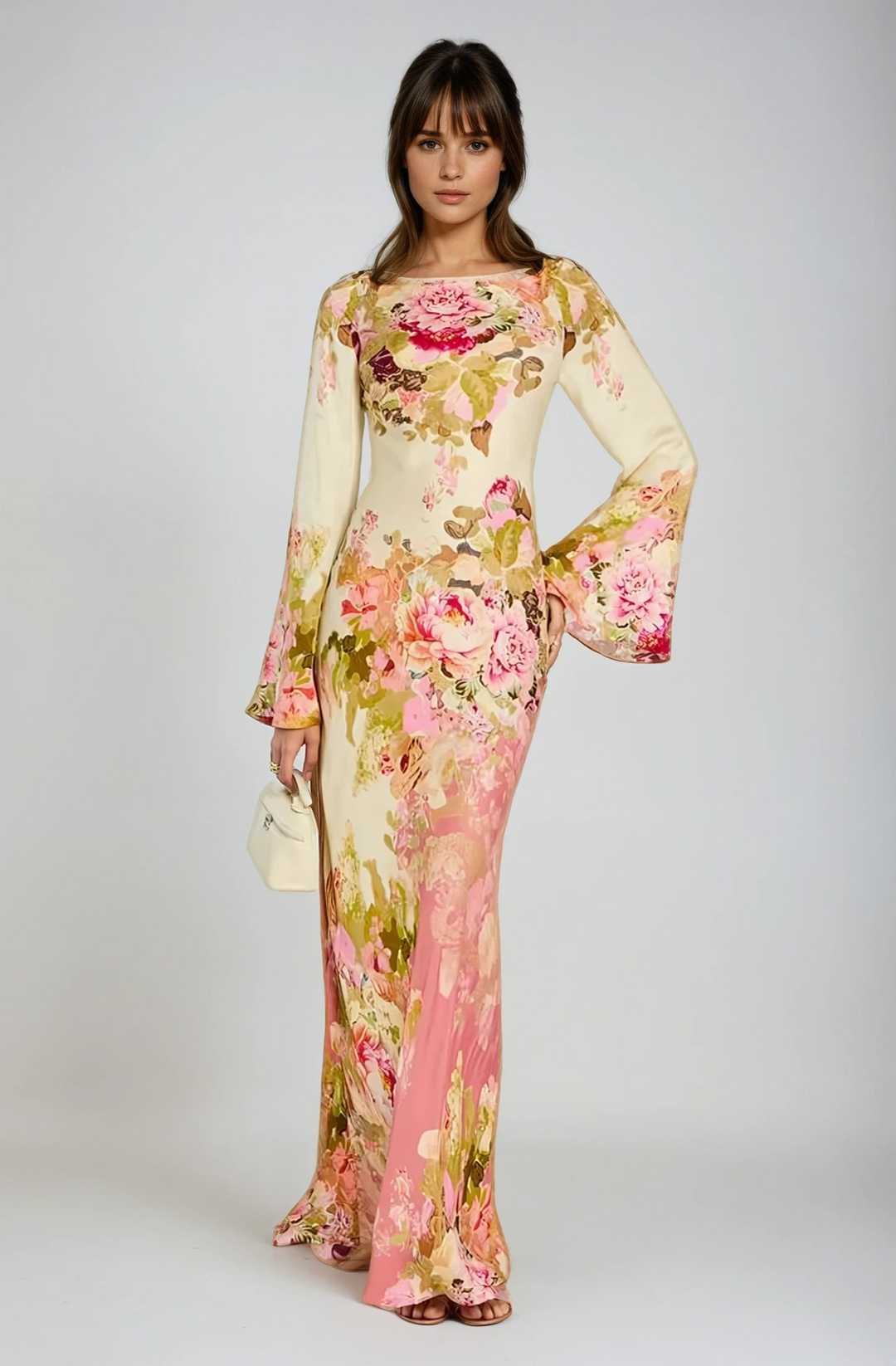 Elegant women's floral print maxi dress with bell sleeves, perfect for special occasions & evening wear.