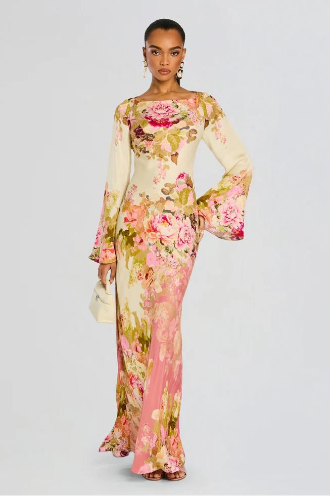 Graceful women's floral bell sleeve maxi dress, a comfortable and stylish choice for elegant summer evenings.
