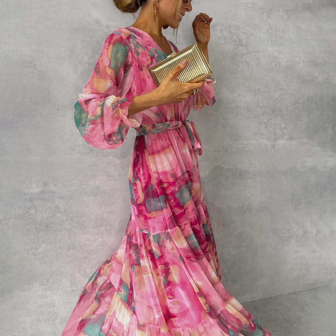 Fashionable women's long sleeve floral wrap maxi dress. Versatile elegant dress suitable for summer casual & parties.