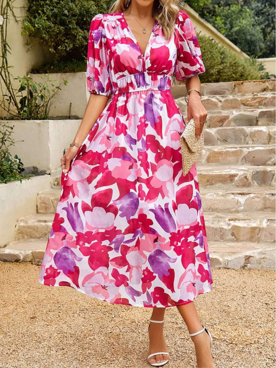 Vibrant hot pink floral puff sleeve v-neck midi dress, women's elegant summer fashion.