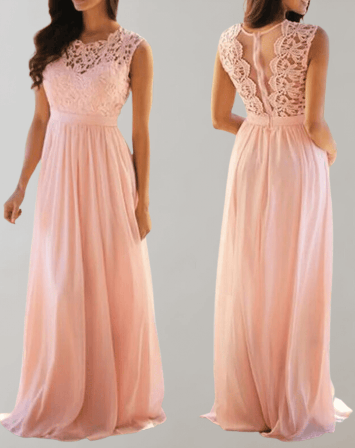 Chic women's modest lace maxi dress, flowing elegantly for parties, evening events, or sophisticated summer style.
