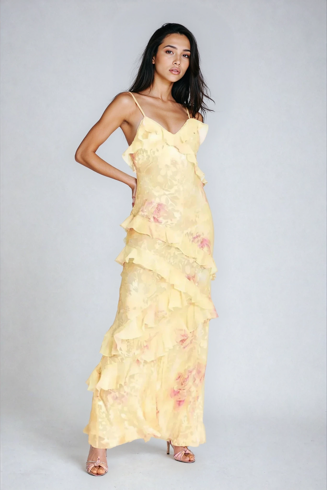 Elegant women's flowy floral maxi dress, perfect for summer style & parties.