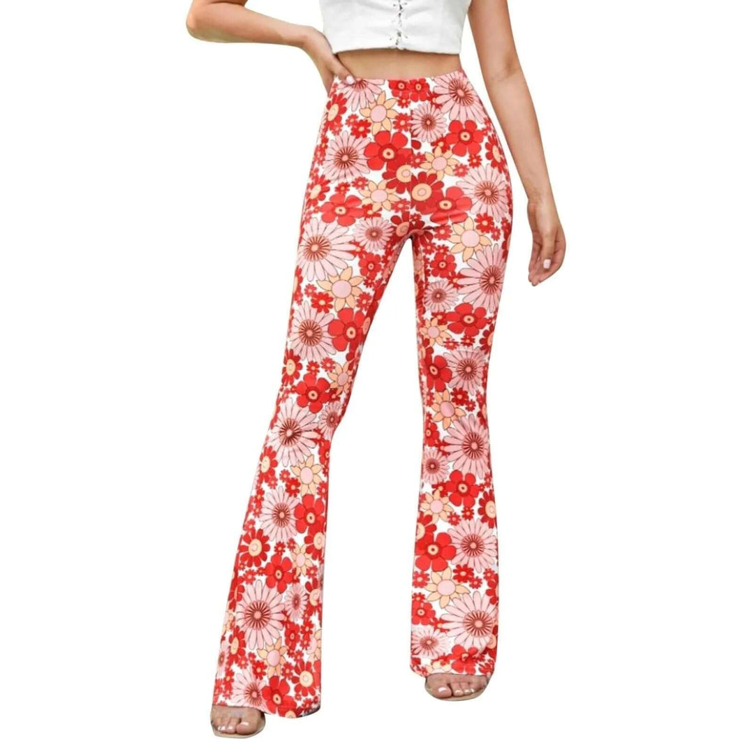 Boho chic women's floral flared trousers, perfect for casual wear or dressy spring/summer outfits. Comfortable & stylish.