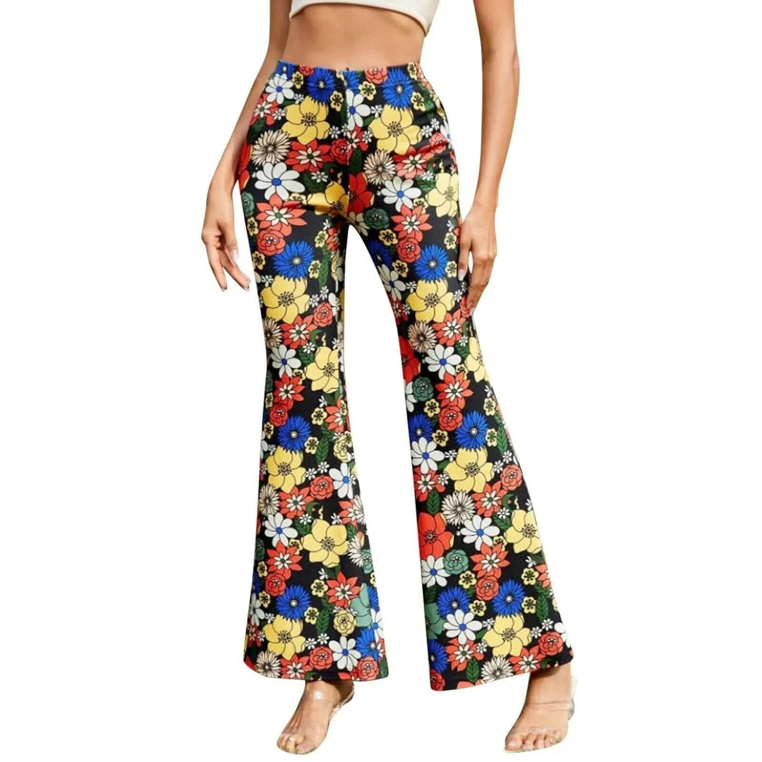 Fashionable women's floral flared pants, versatile for casual or elegant looks. High-waisted and flowy for summer outfits.