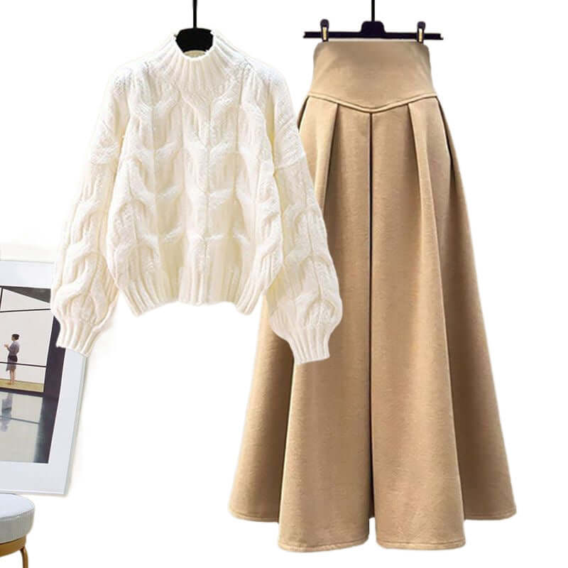 Elegant women's knitted sweater & pleated midi skirt set. Comfortable acrylic two-piece for fall & winter fashion.