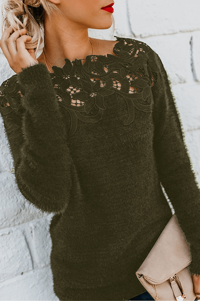 Women's sophisticated knitted pullover sweater with exquisite lace accents, offering comfort and style.