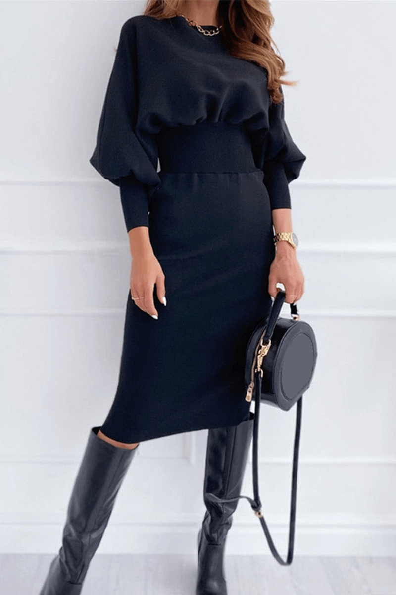 Classic black women's elegant midi dress with lantern sleeves, great for formal wear.