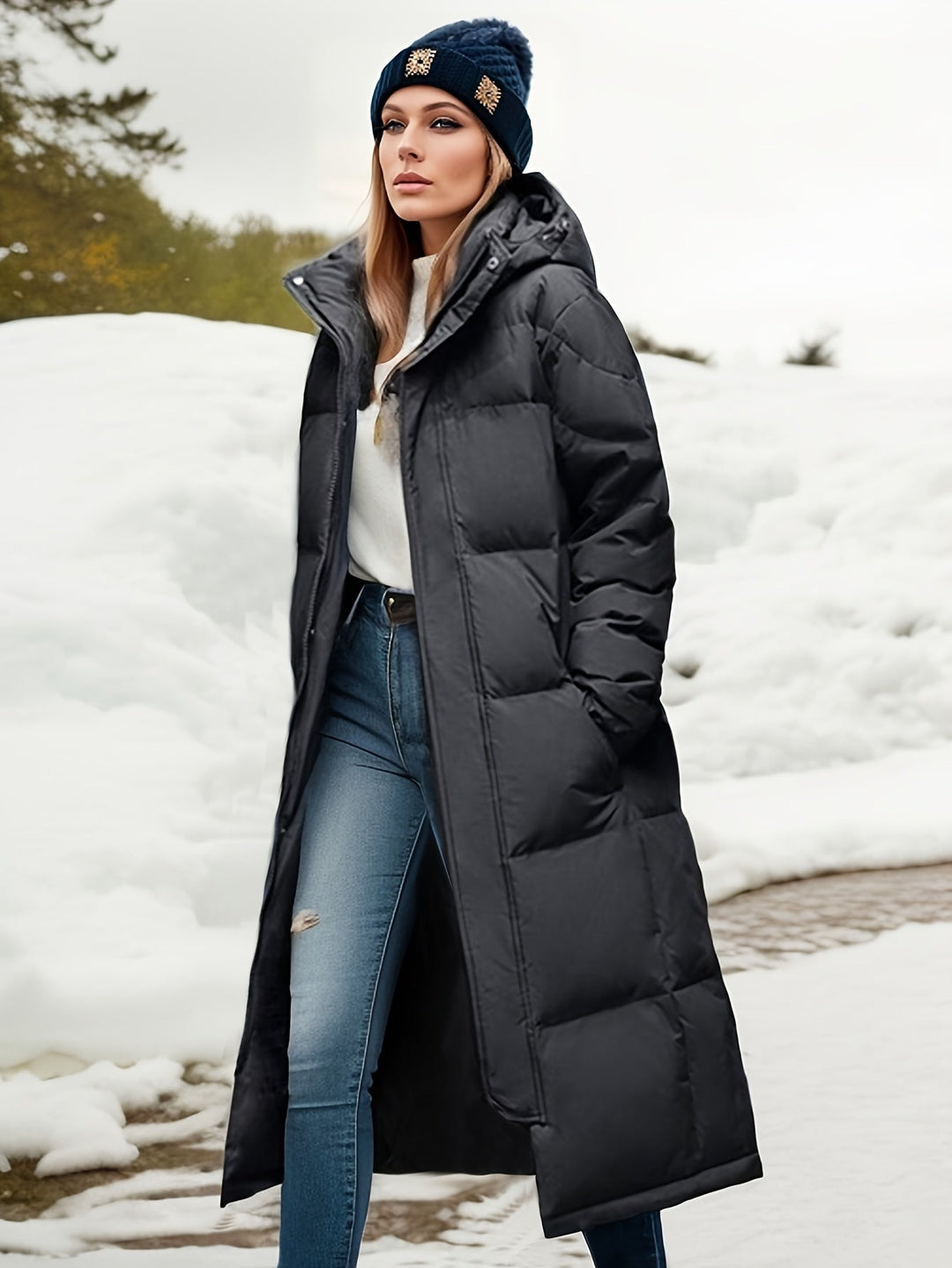 Luxury women's elegant long down coat, designed for ultimate warmth and comfort in winter.