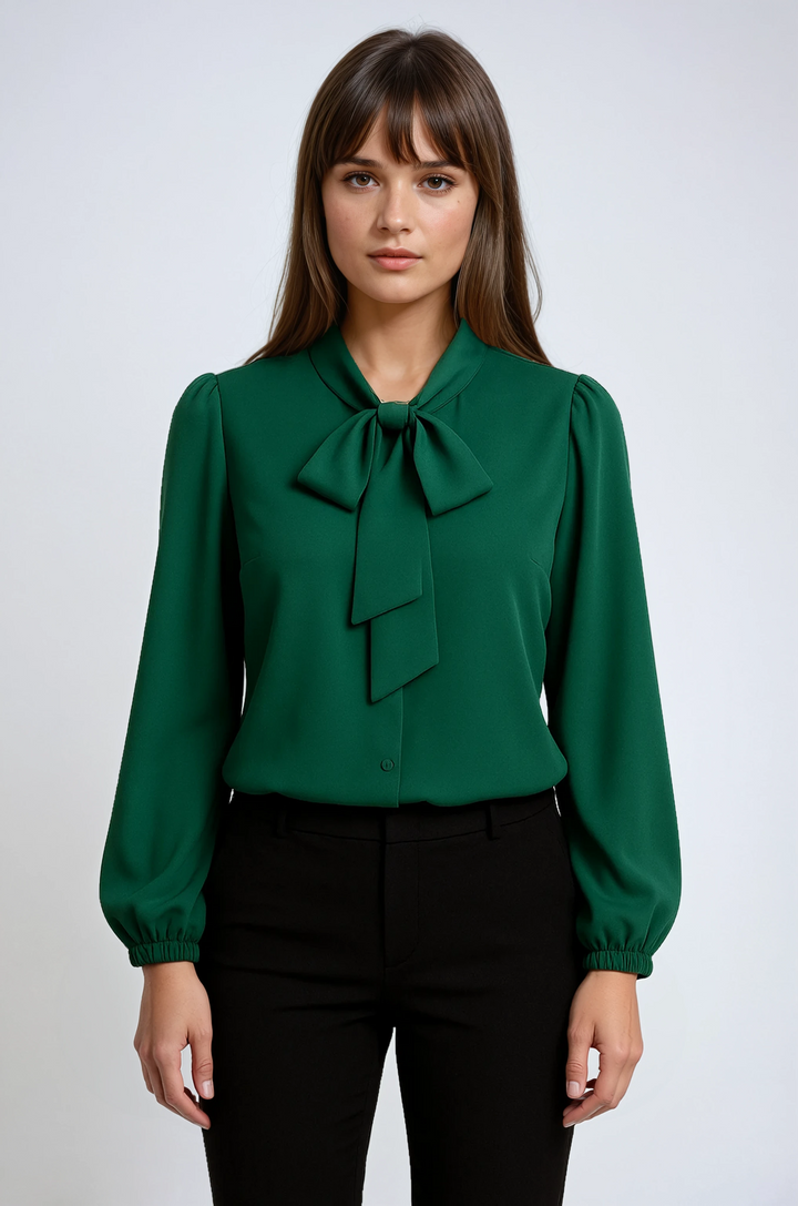 Elegant women's long sleeve blouse with chic bow detail, perfect for workwear & formal events.